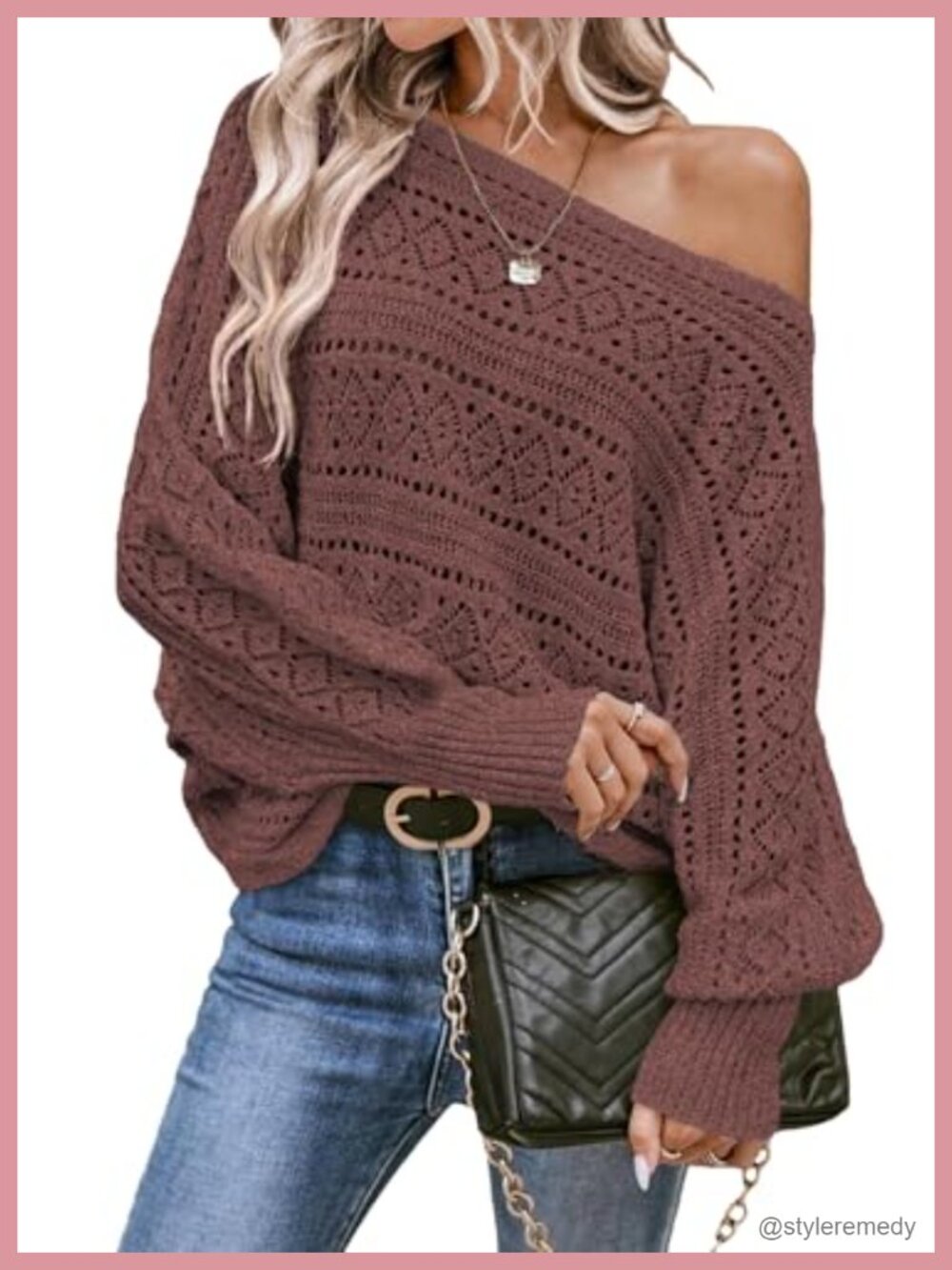 Women's Crochet Boat Neck Batwing Sleeve Loose Knit Pullover Sweater